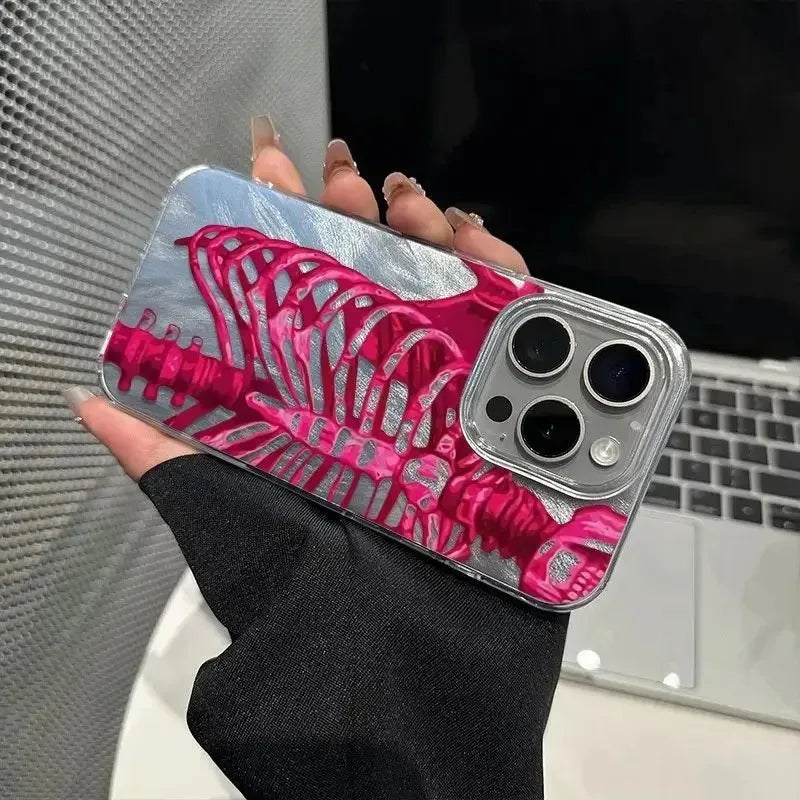 Pink Purple Skull Feather Gauze Case For iPhone 16 15 14 13 12 11 Pro Max 16E 7 8 Plus SE2 SE3 X XS XR Shockproof Hard Cover