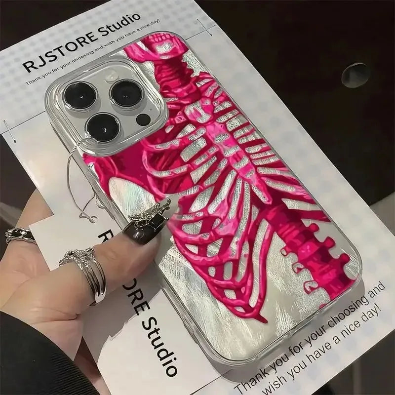 Pink Purple Skull Feather Gauze Case For iPhone 16 15 14 13 12 11 Pro Max 16E 7 8 Plus SE2 SE3 X XS XR Shockproof Hard Cover