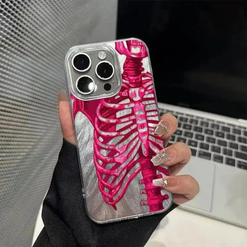 Pink Purple Skull Feather Gauze Case For iPhone 16 15 14 13 12 11 Pro Max 16E 7 8 Plus SE2 SE3 X XS XR Shockproof Hard Cover