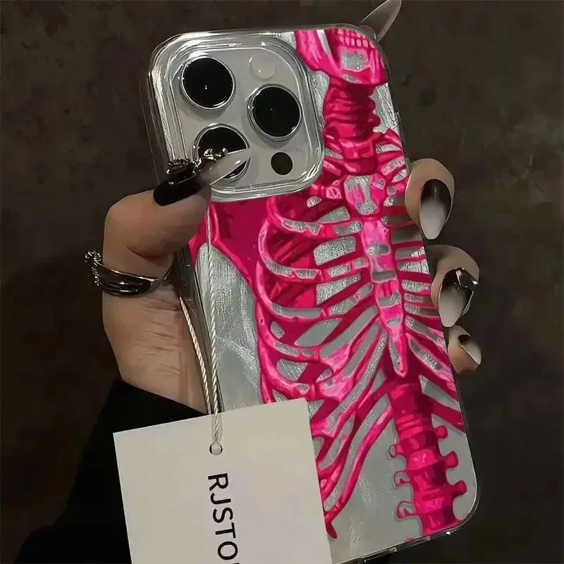 Pink Purple Skull Feather Gauze Case For iPhone 16 15 14 13 12 11 Pro Max 16E 7 8 Plus SE2 SE3 X XS XR Shockproof Hard Cover