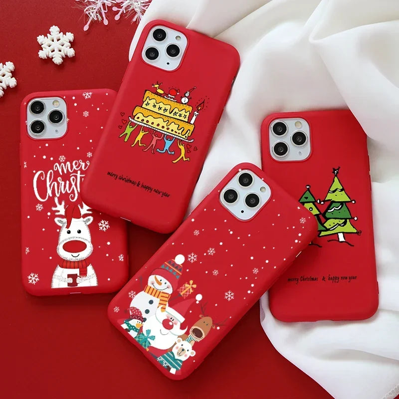 Christmas Gift Phone Case For iPhone 16 15 12 13 14 11 Pro Max Mini Cute Reindeer Santa Cover For iPhone XS X XR SE 8 Plus Shell
