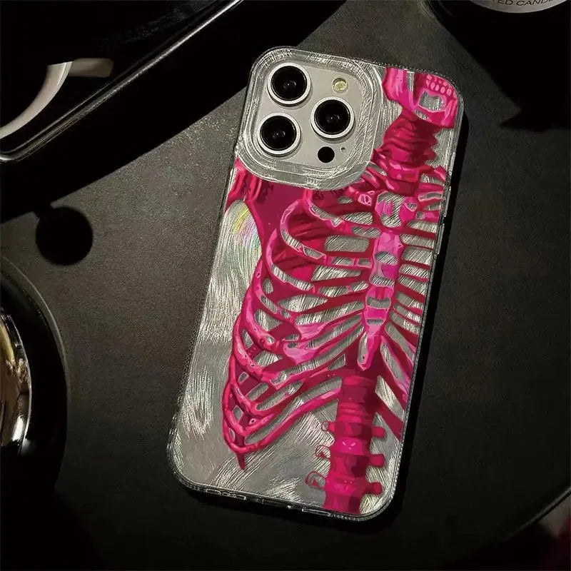 Pink Purple Skull Feather Gauze Case For iPhone 16 15 14 13 12 11 Pro Max 16E 7 8 Plus SE2 SE3 X XS XR Shockproof Hard Cover
