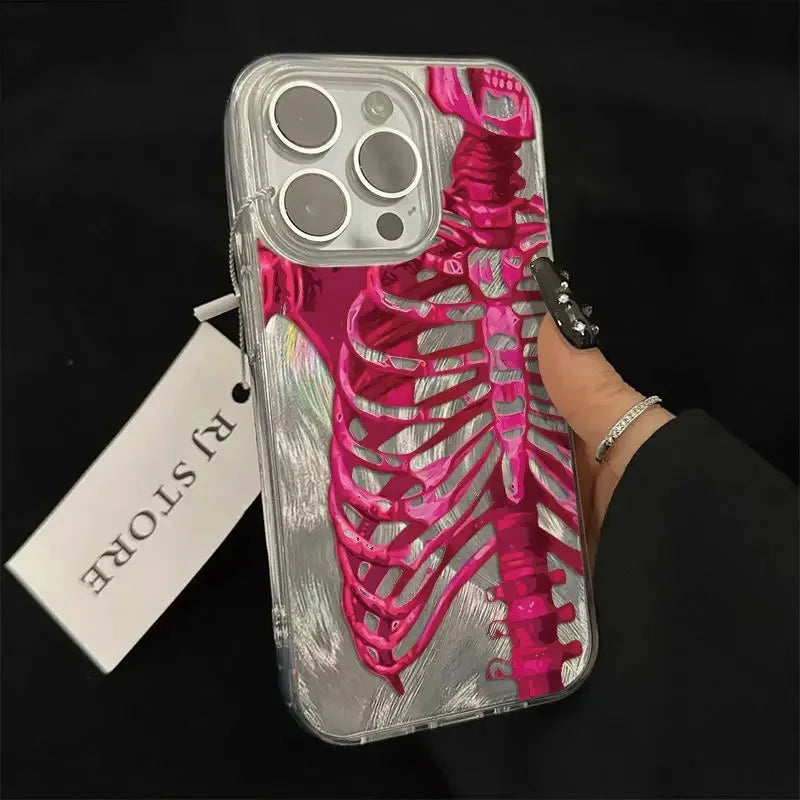 Pink Purple Skull Feather Gauze Case For iPhone 16 15 14 13 12 11 Pro Max 16E 7 8 Plus SE2 SE3 X XS XR Shockproof Hard Cover