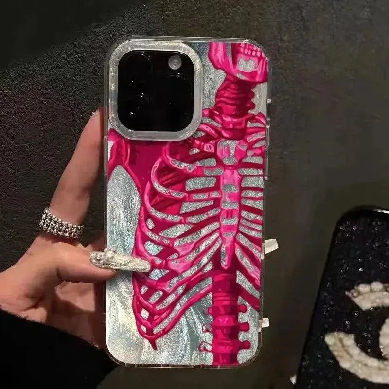 Pink Purple Skull Feather Gauze Case For iPhone 16 15 14 13 12 11 Pro Max 16E 7 8 Plus SE2 SE3 X XS XR Shockproof Hard Cover